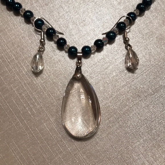 Dark Teal and Crystal Necklace and Earrings - Picture 2 of 3
